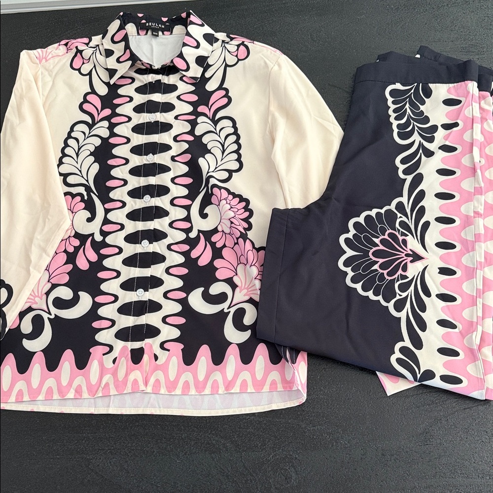 Pink and Black Patterned Shirt and Pants Set